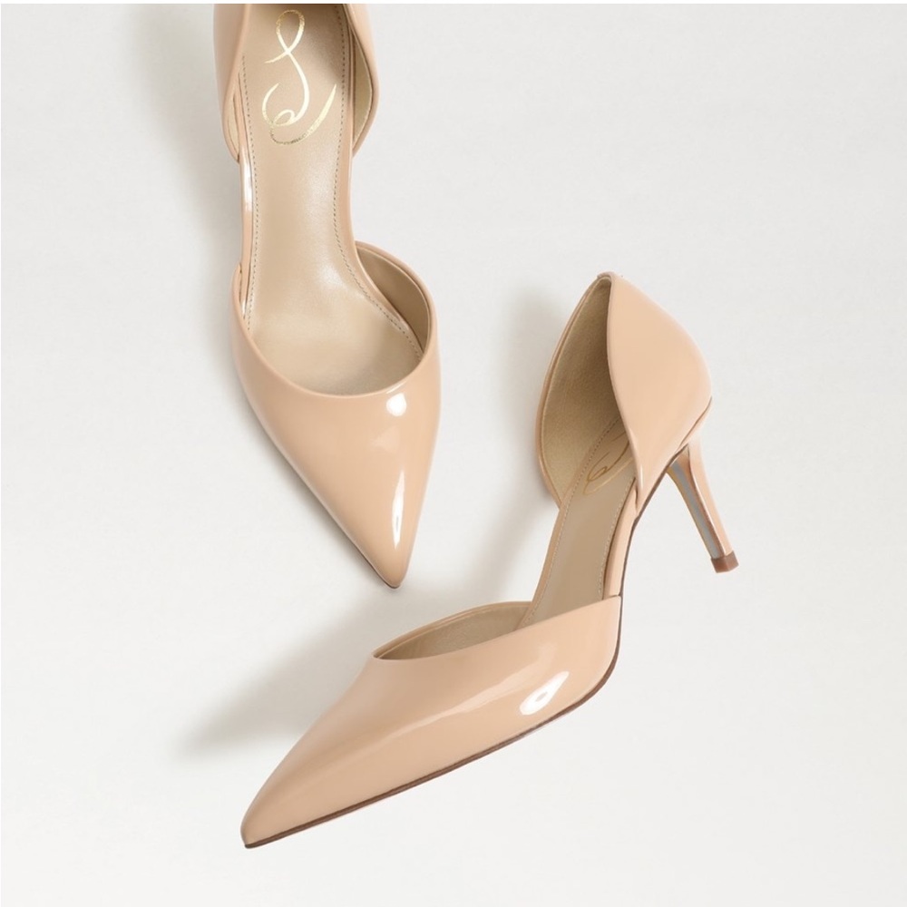 SAM EDELMAN VIV POINTED TOE PUMP Elegant Nude Patent Leather Pumps - Picture 1 of 10